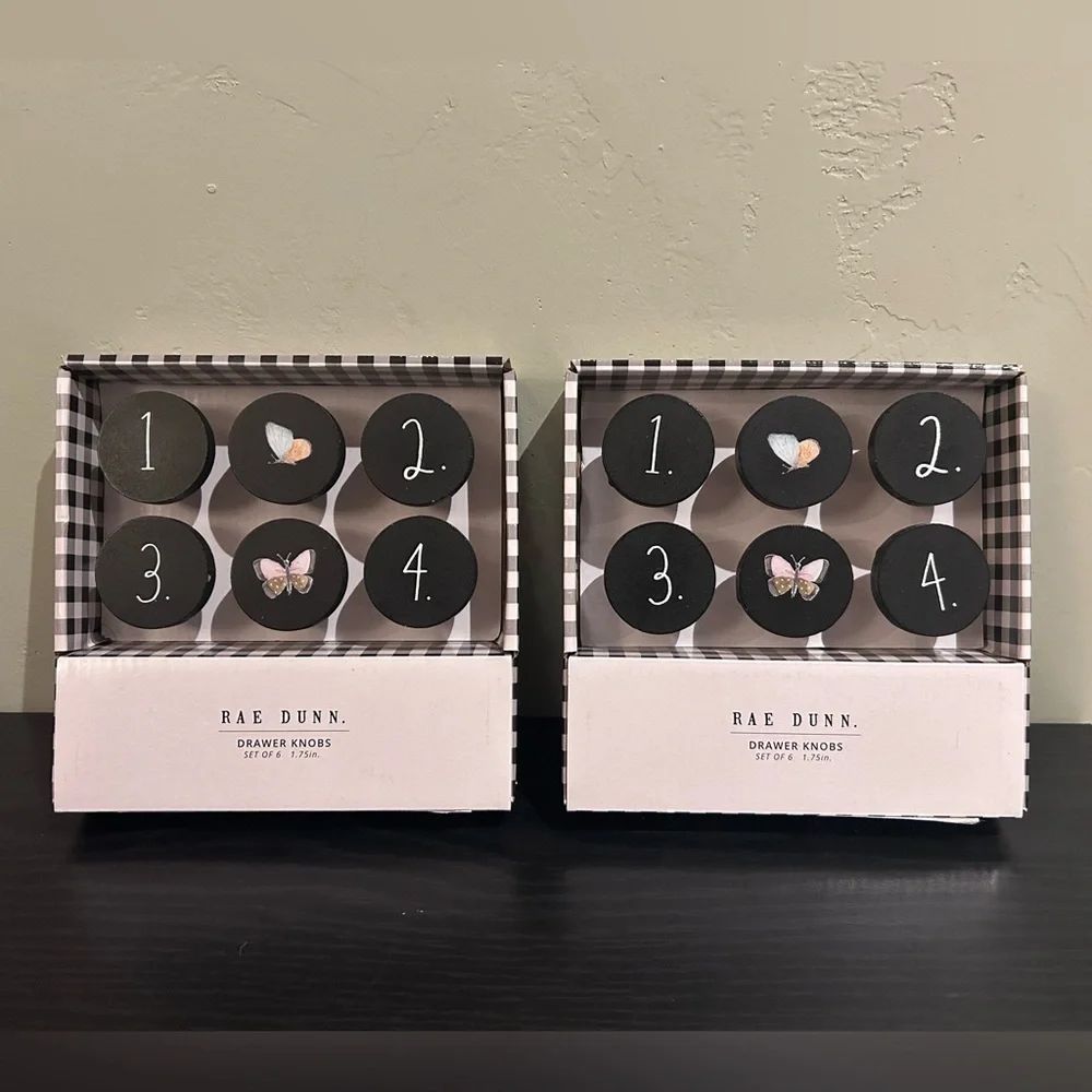 2 Box Sets of 6 Black And White Rae Dunn Round Wooden Drawer Knobs - Picture 2 of 8